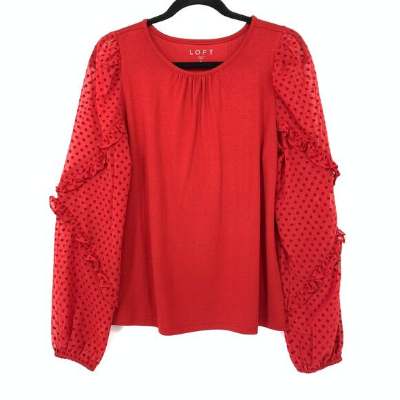 LOFT Long Sleeve Blouse Ruffle Polka Dot Sleeves Womens Size Small Red - Picture 1 of 6